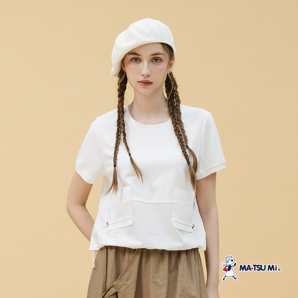 MA‧TSU Mi 機能感異材質拼接雙口袋抽繩短袖上衣(白.粉)
