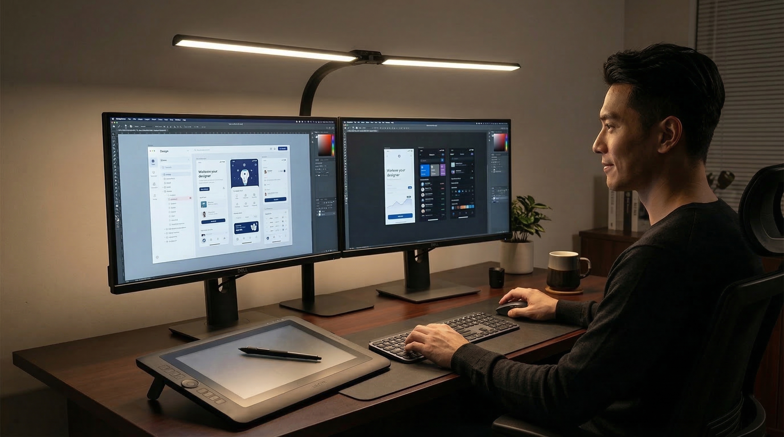 數位電繪畫家使用精準調色檯燈