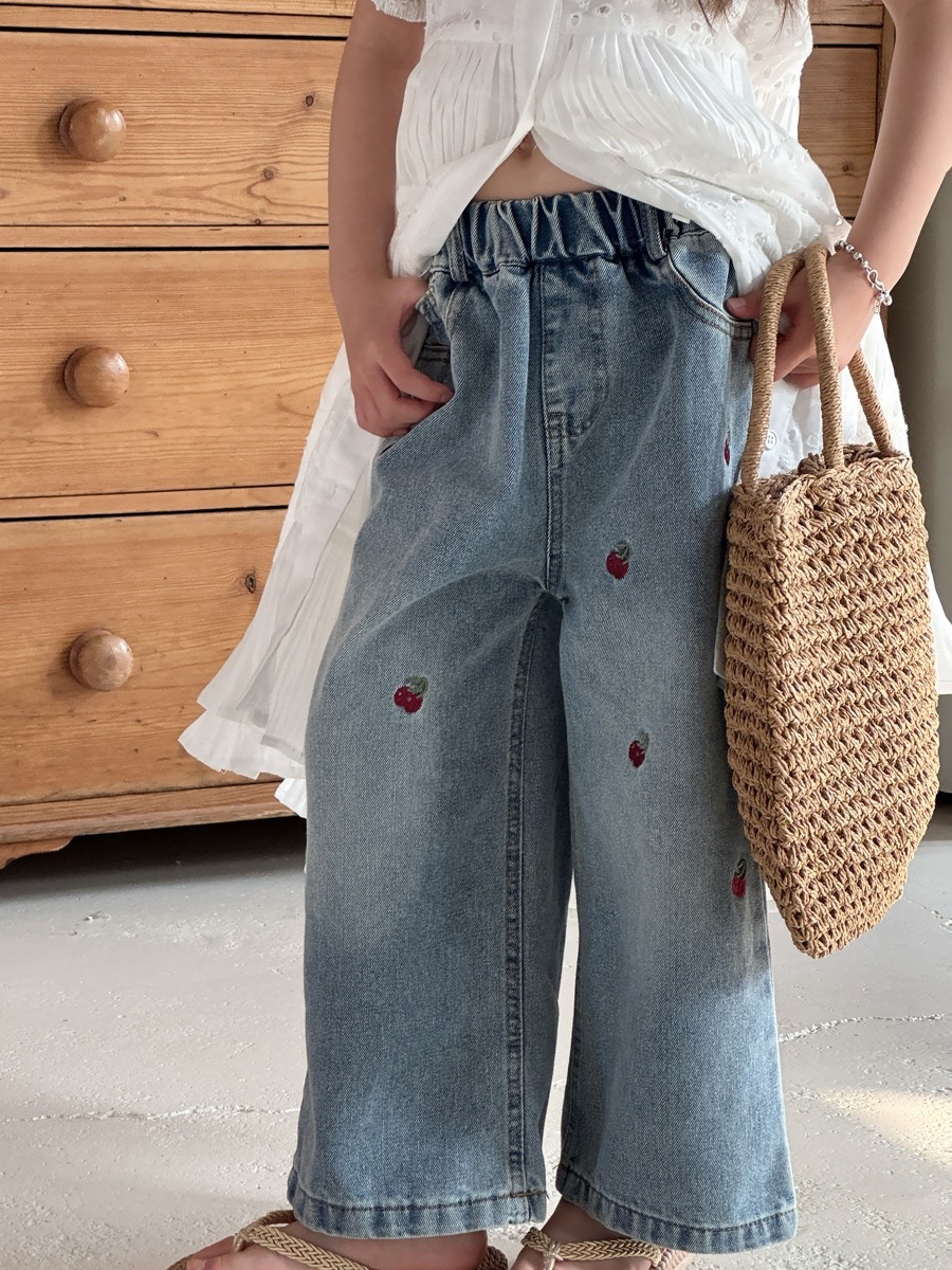 刺繡櫻桃牛仔寬褲