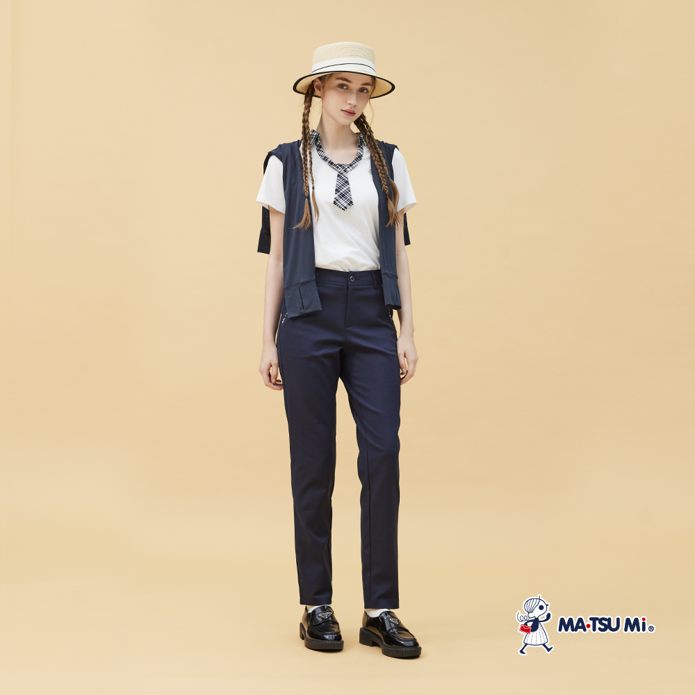 MA‧TSU Mi 學院風撞色口袋美型彈力窄管褲(白.深藍)