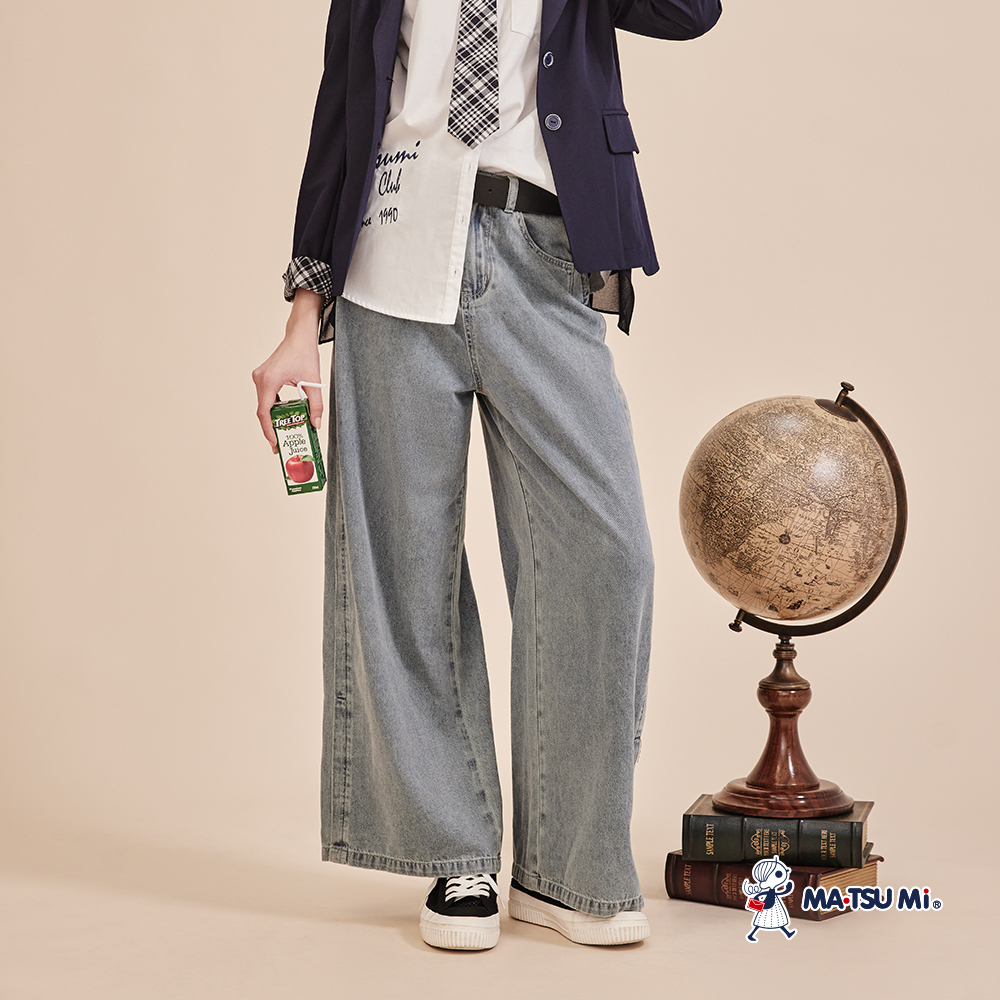 MA‧TSU Mi 率性復古側雙壓線高修飾丹寧寬長褲(水藍)
