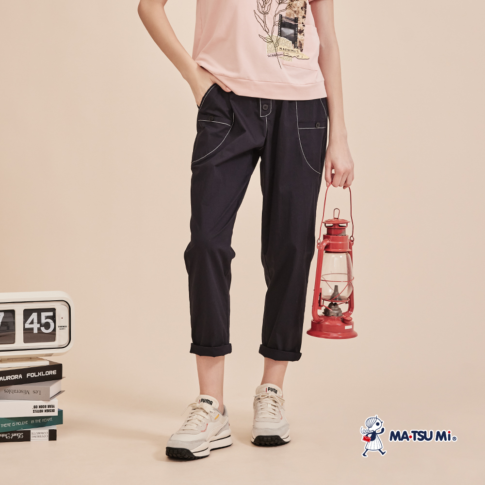 MA‧TSU Mi 撞色對比幾何輪廓縫線彈力長褲(卡.深藍)