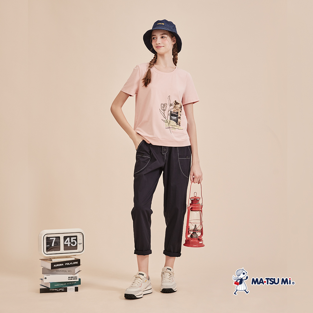 MA‧TSU Mi 撞色對比幾何輪廓縫線彈力長褲(卡.深藍)