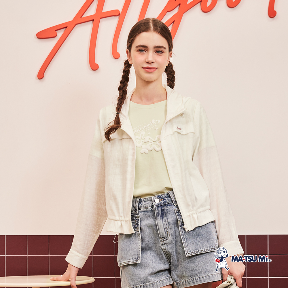 MA‧TSU Mi 輕巧透氣紋理感瑪娃貼鑽連帽外套(白.水藍)