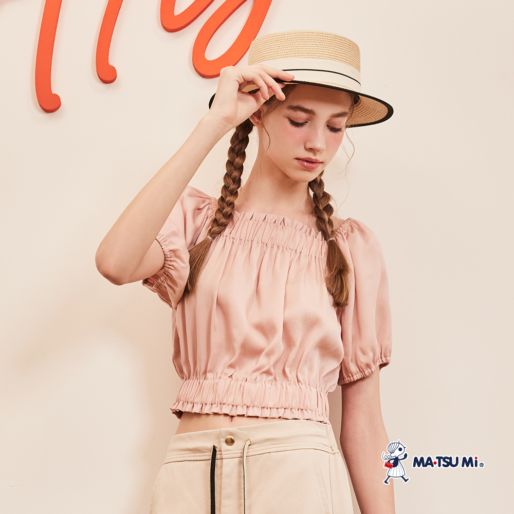 MA‧TSU Mi 法式甜美方領縮褶澎袖天絲棉上衣(粉.草綠)