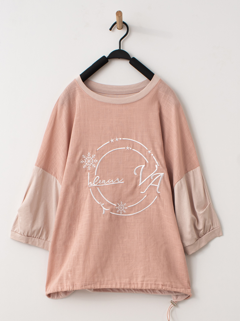 繡花拼接五分袖棉質上衣