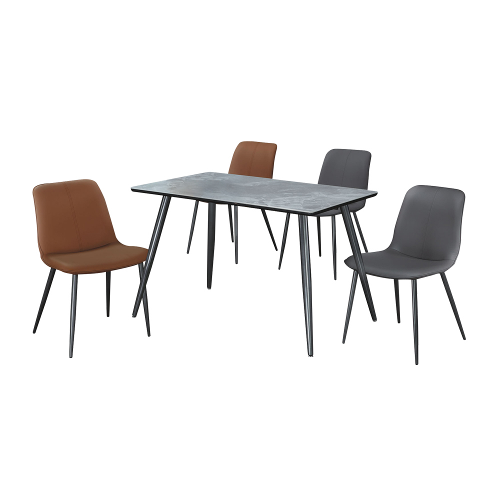 柏蒂家居-彼德工業風4尺岩板餐桌/工作桌+皮革餐椅組合-一桌四椅(兩色可選-咖啡色/灰色)