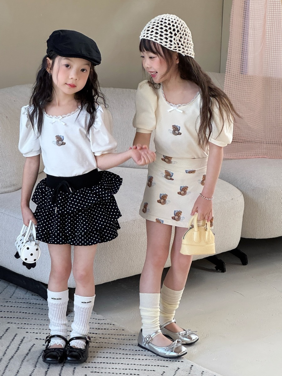 兩色熊熊泡泡袖上衣