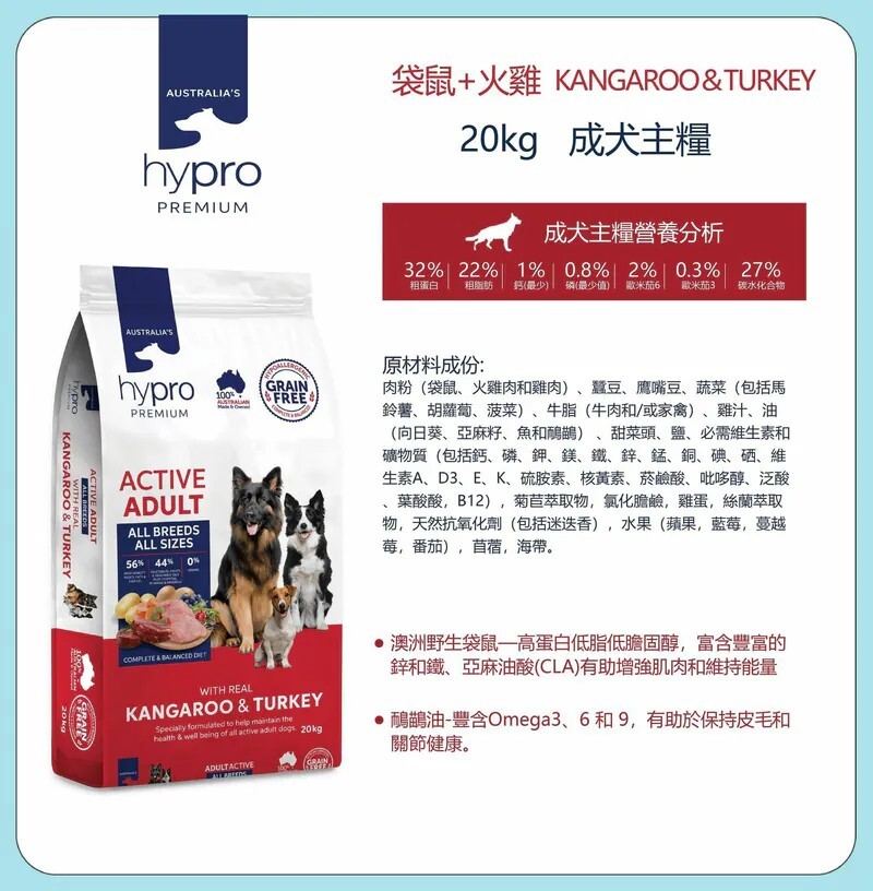 Hypro Premium 袋鼠+火雞 成犬糧 20KG