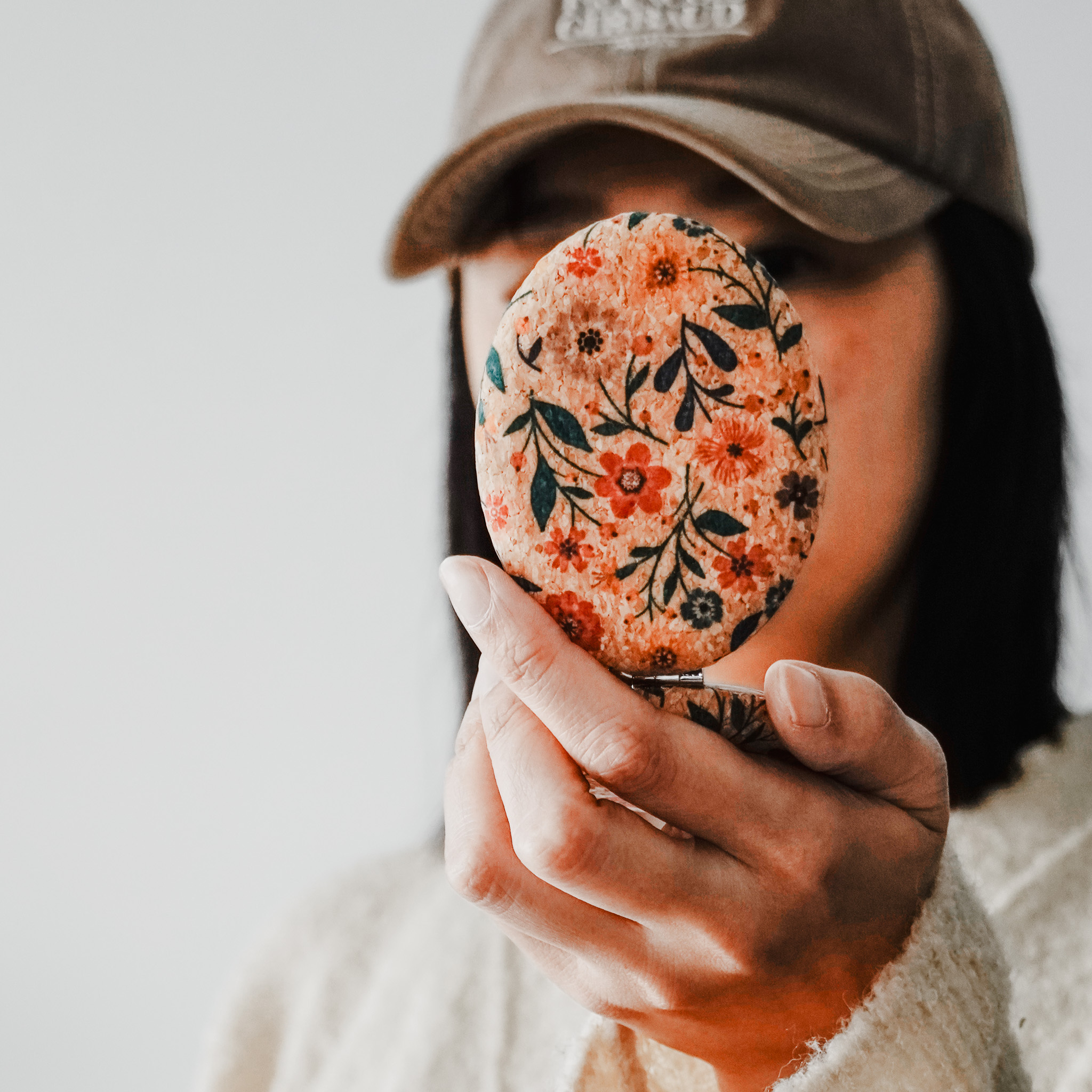 復古軟木花紋雙面隨身鏡 兩色售