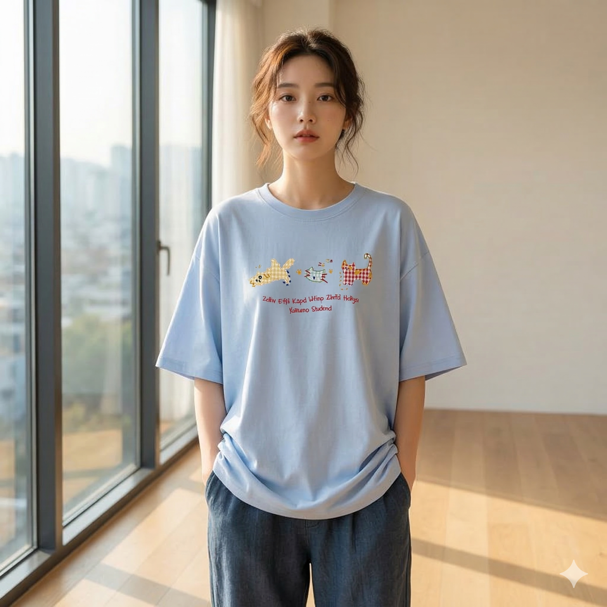 【ASister 小姊姊】AS1404#中大尺碼純棉上衣☆*布藝貓咪*中長版短袖T恤(7色 M-6XL)