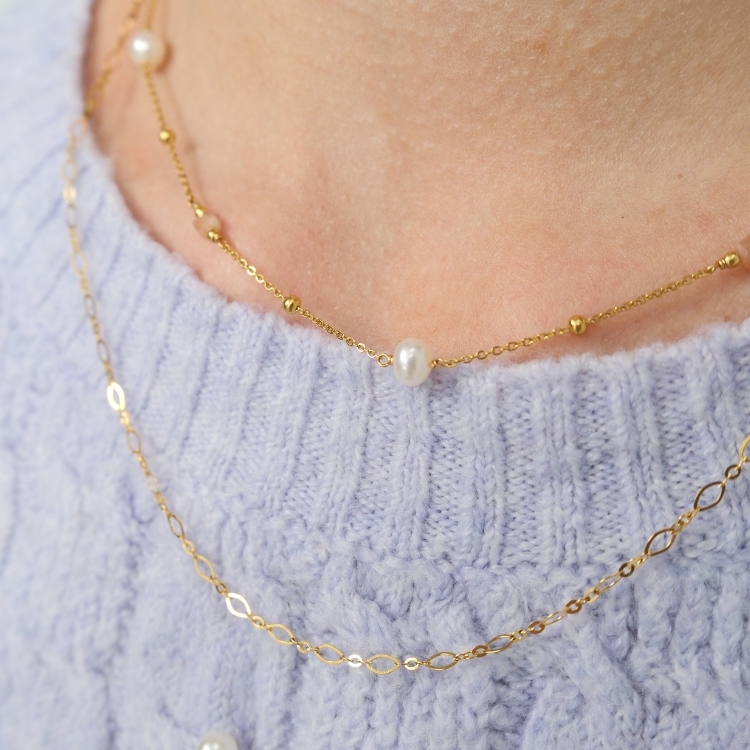 微光之眸 鈦鋼x天然珍珠x太陽石 雙層項鍊