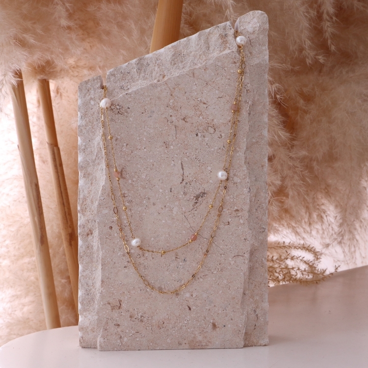 微光之眸 鈦鋼x天然珍珠x太陽石 雙層項鍊