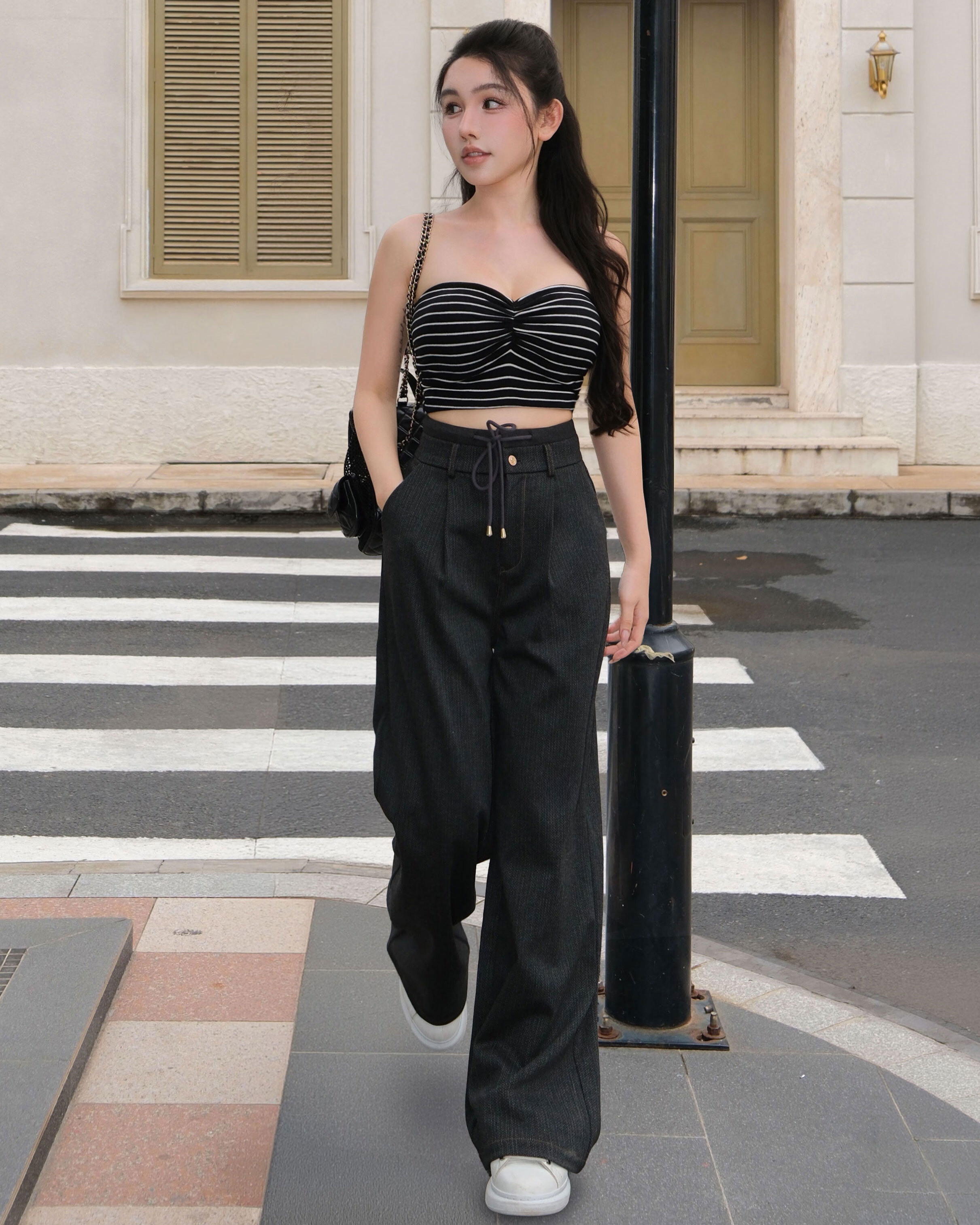 訂製-休閒織紋牛仔雙腰結長褲