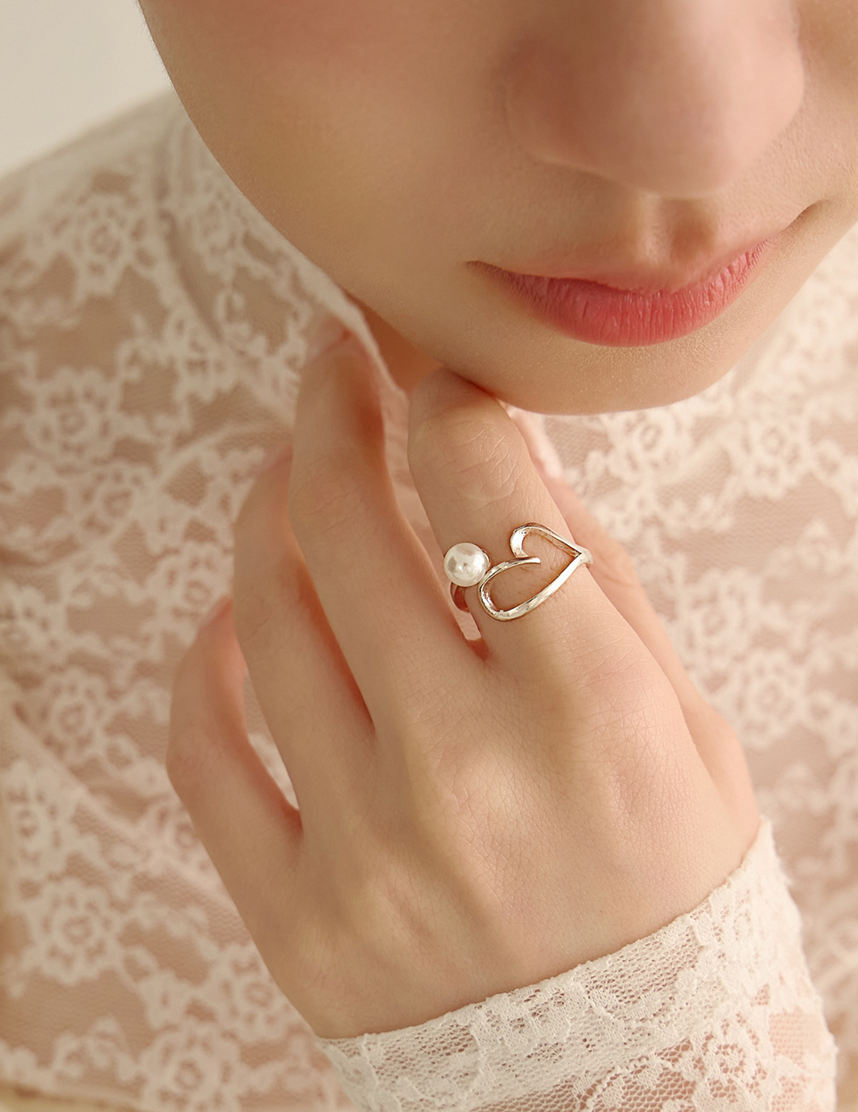 設計感愛心珍珠可調式戒指
