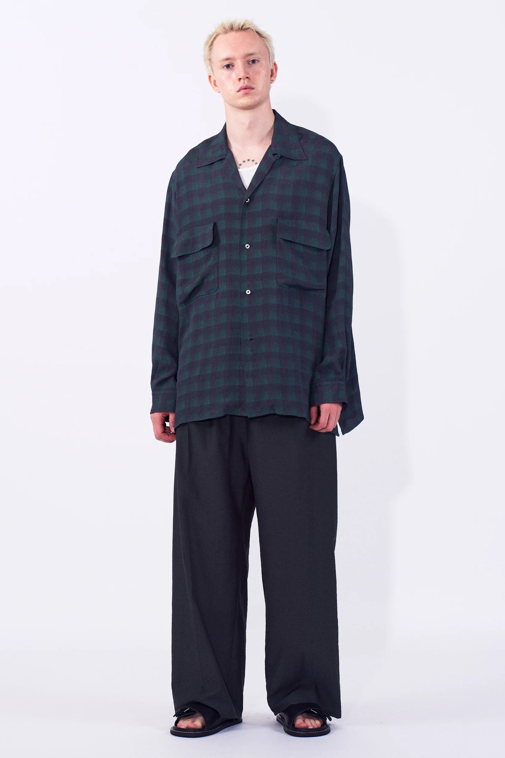 YOKE JACQARD PLAID OPEN COLLAR SHIRT