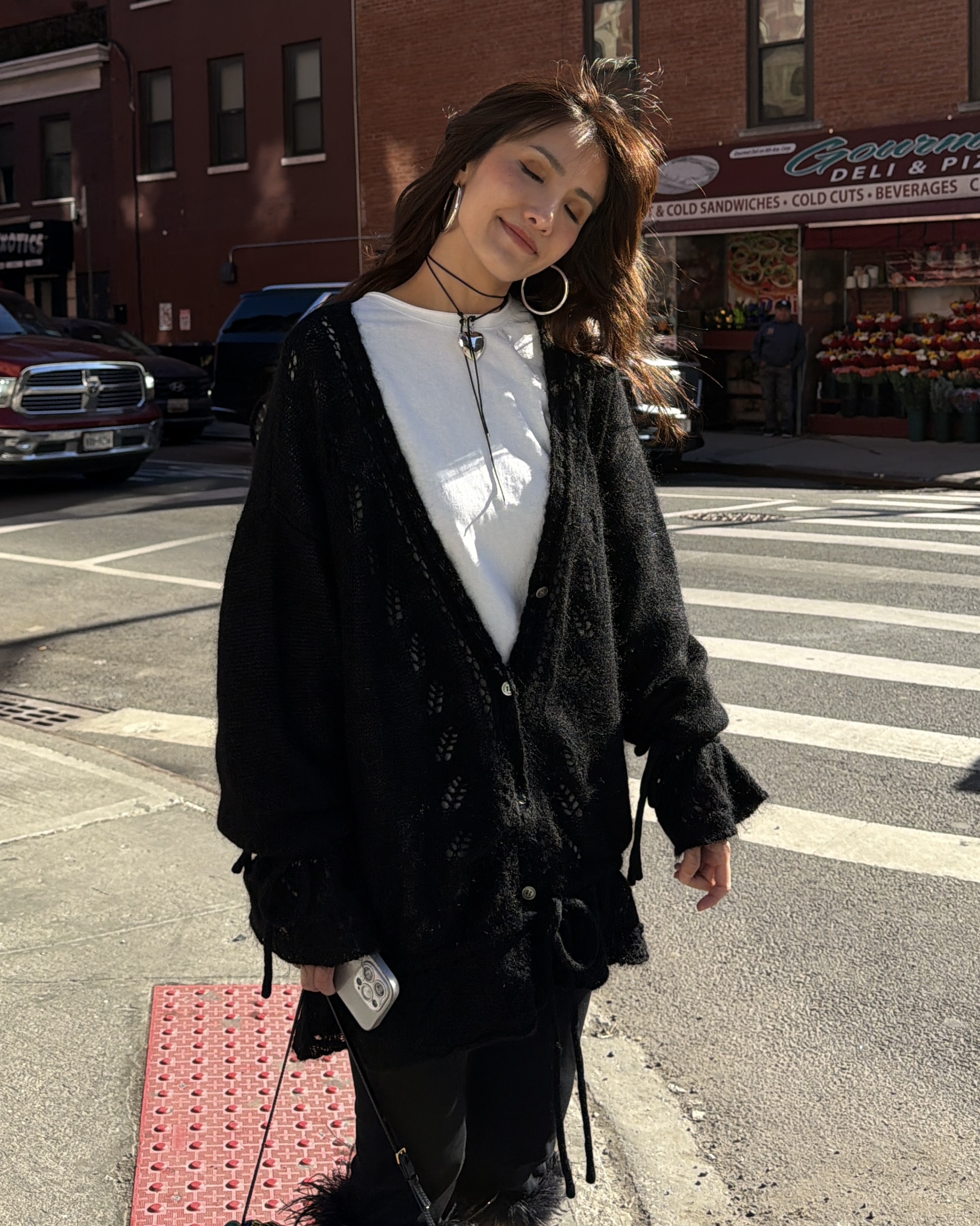 Mohair crochet drawstring cardigan