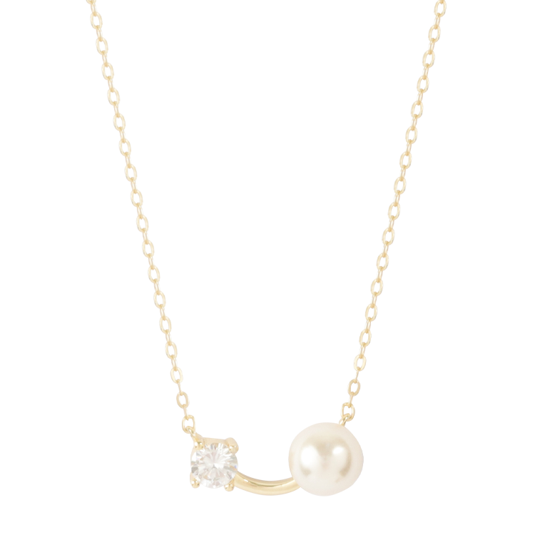 純銀項鍊，女士項鍊 月軌雙星；晶光收住晨曦 柔弧承接珍珠與鋯石（4227金色）