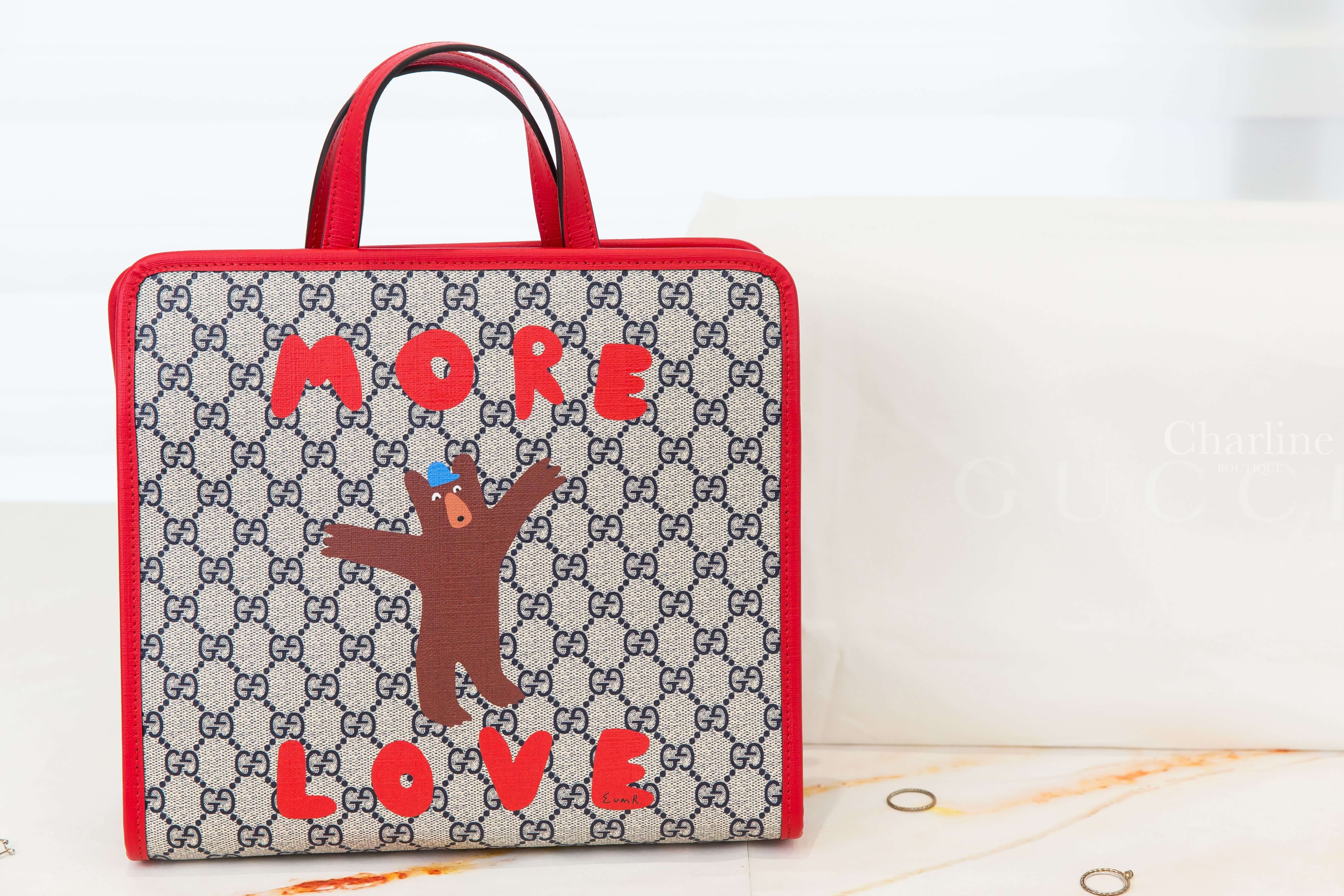 Gucci Children's GG Tote Bag With Print 米色/烏木色GG孩童小熊紅色標語印花背面藍色立體字母帆布紅色滾邊提把托特包