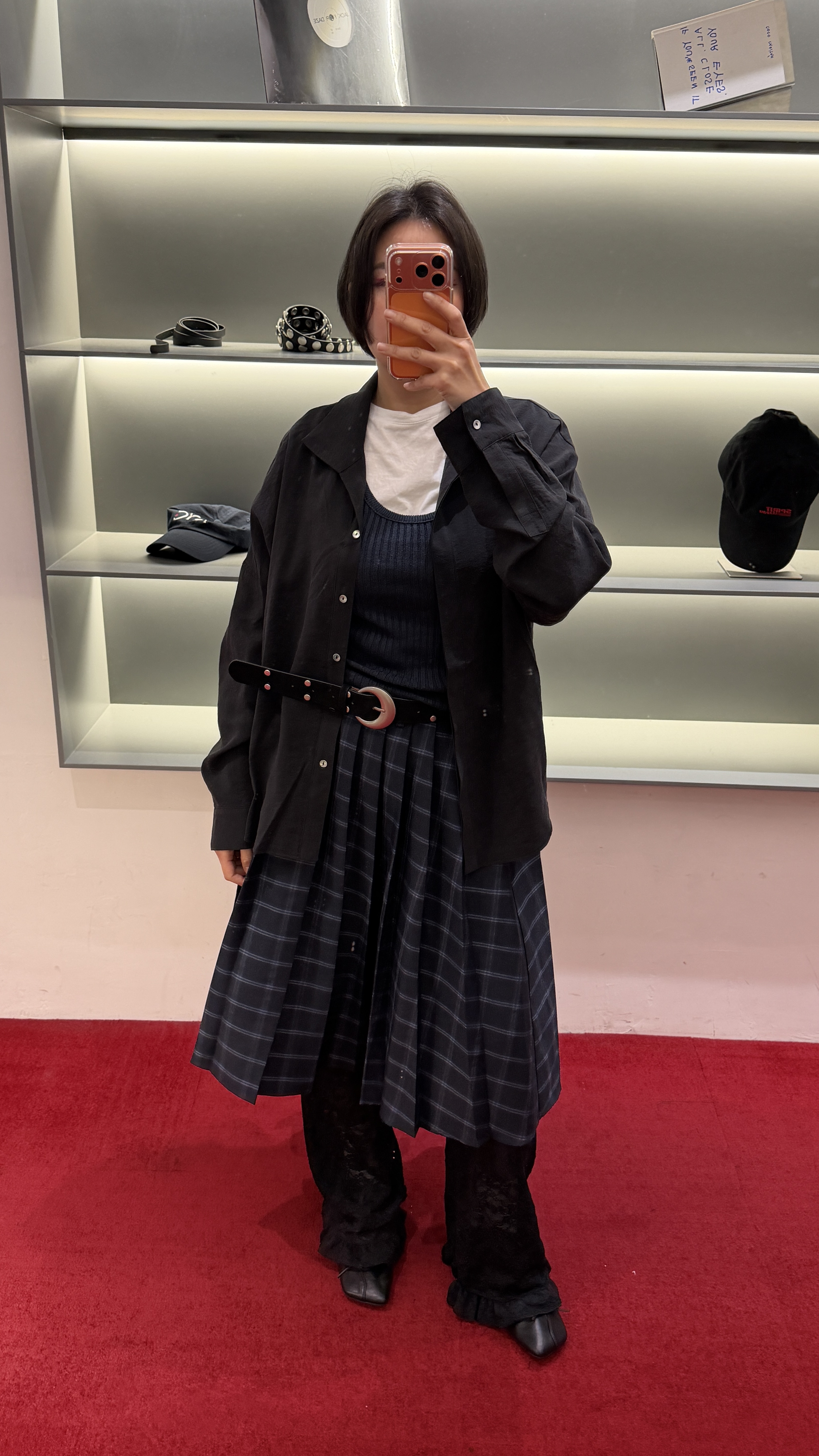 Checked studs belt set a line skirt