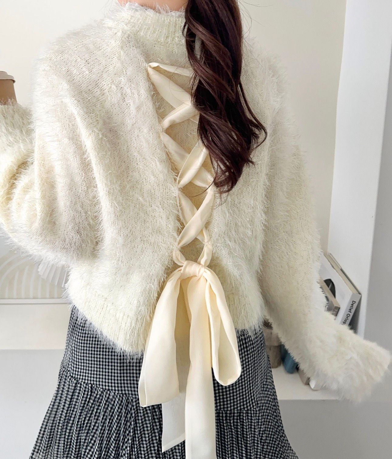 【預購】JN031312 mily bilet 背後緞帶綁帶式・領口蕾絲層次感針織套頭衫