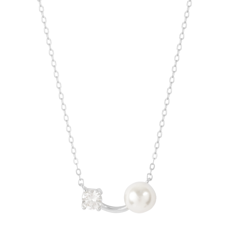 純銀項鍊，女士項鍊 月軌雙星；晶光收住月色 柔弧承接珍珠與鋯石（4227銀色）