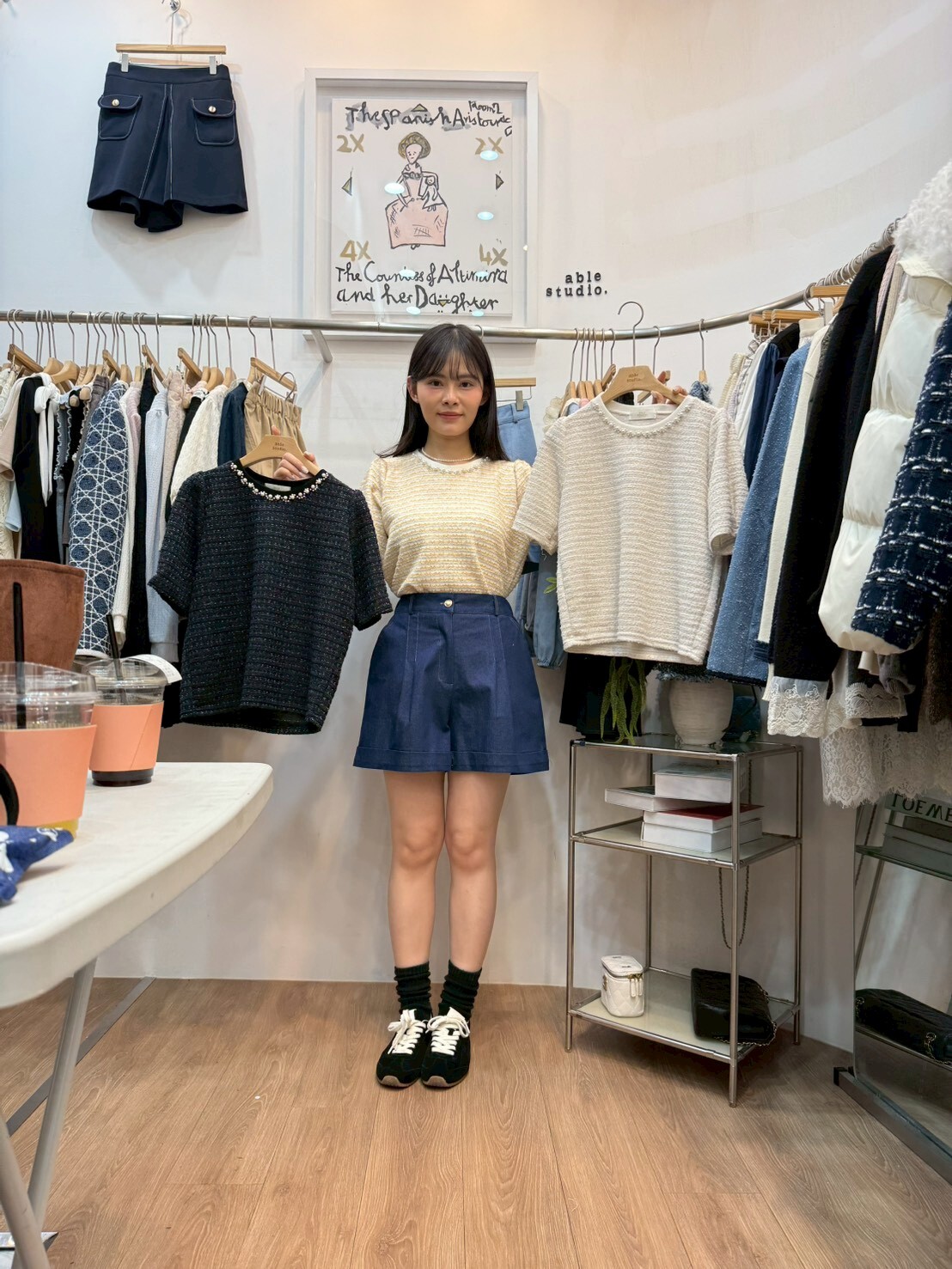 AS6022 小香風千鳥格花紋圓領上衣