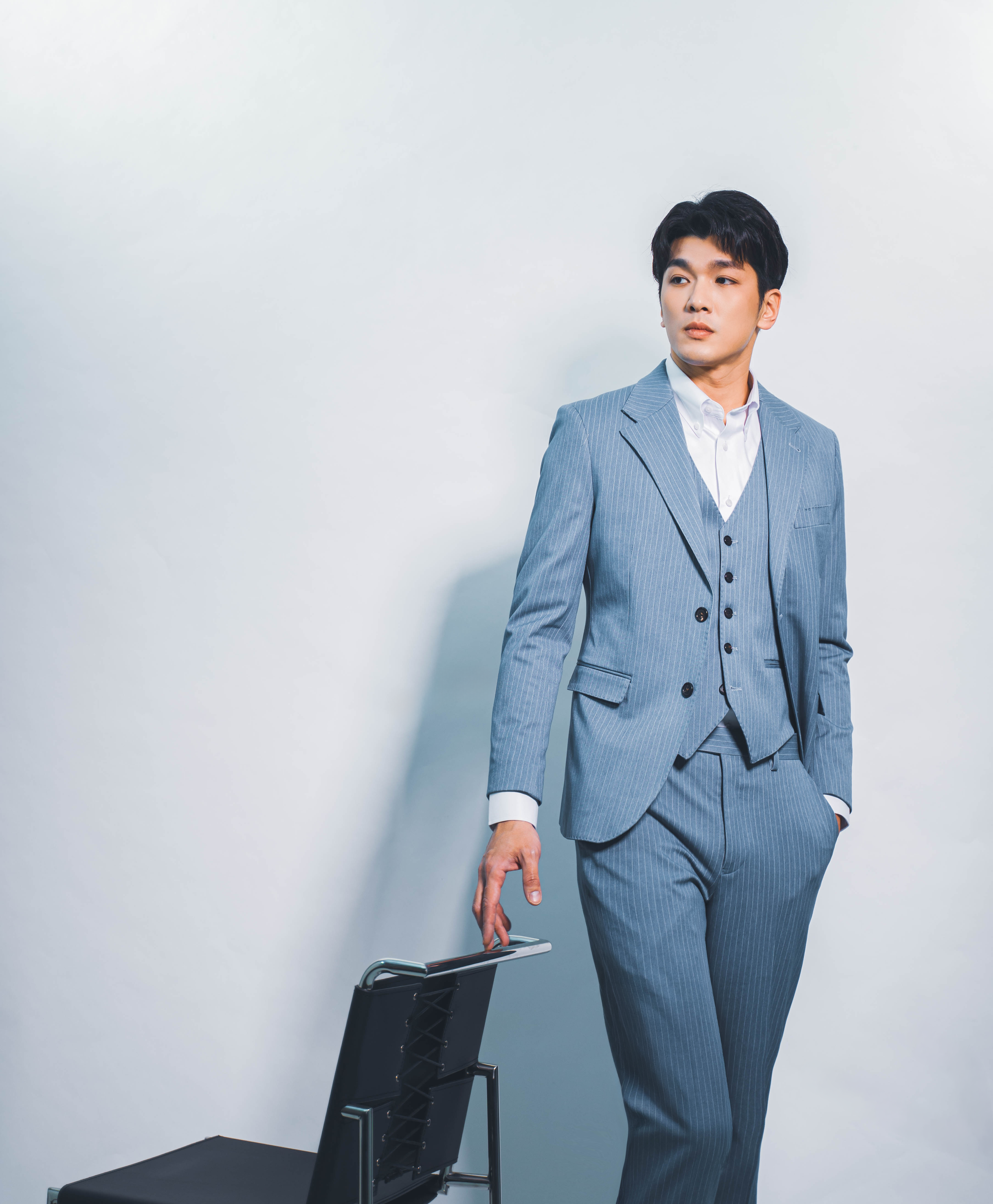 條紋三件式西裝 2728 莫蘭迪藍