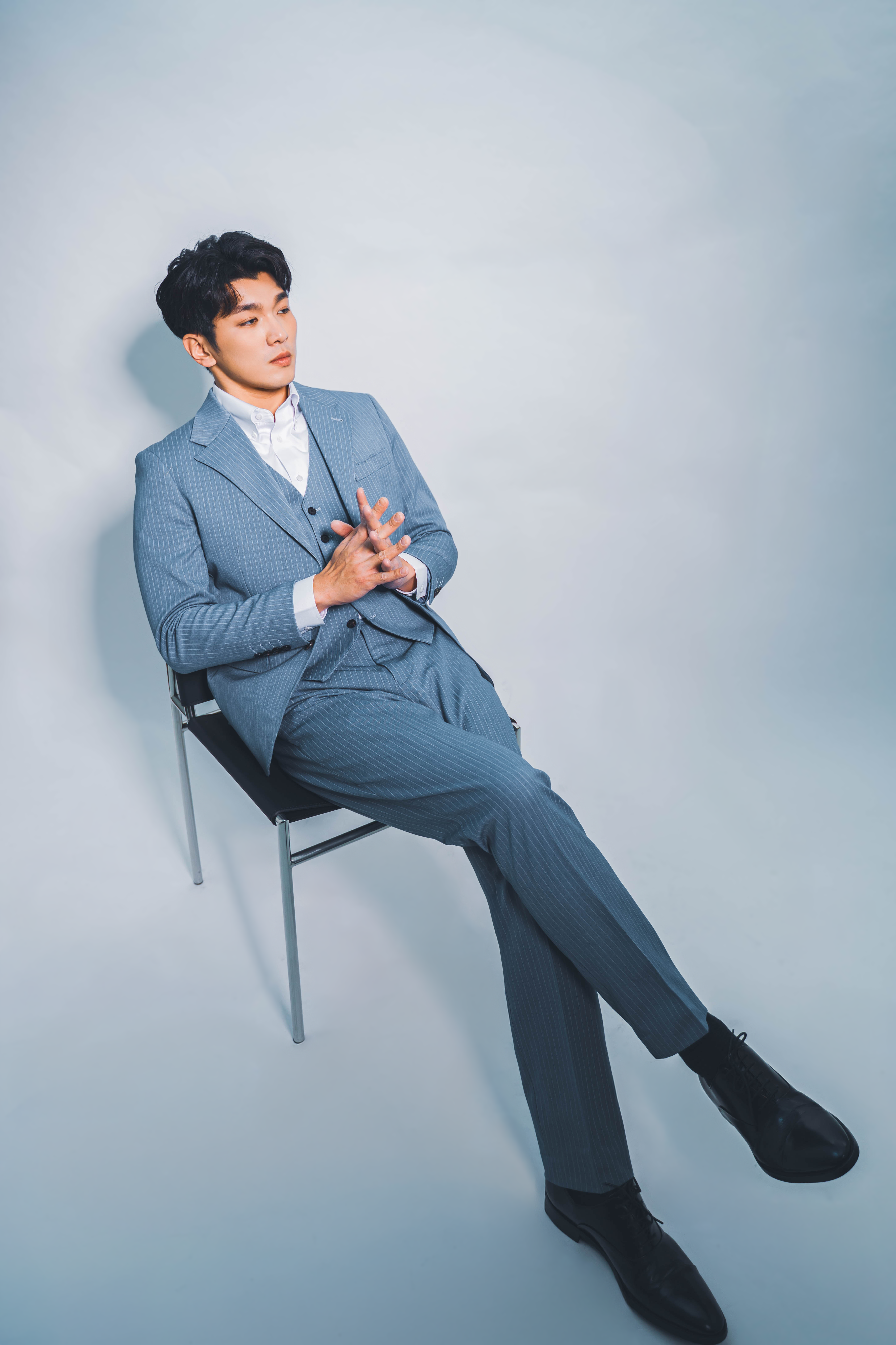 條紋三件式西裝 2728 莫蘭迪藍