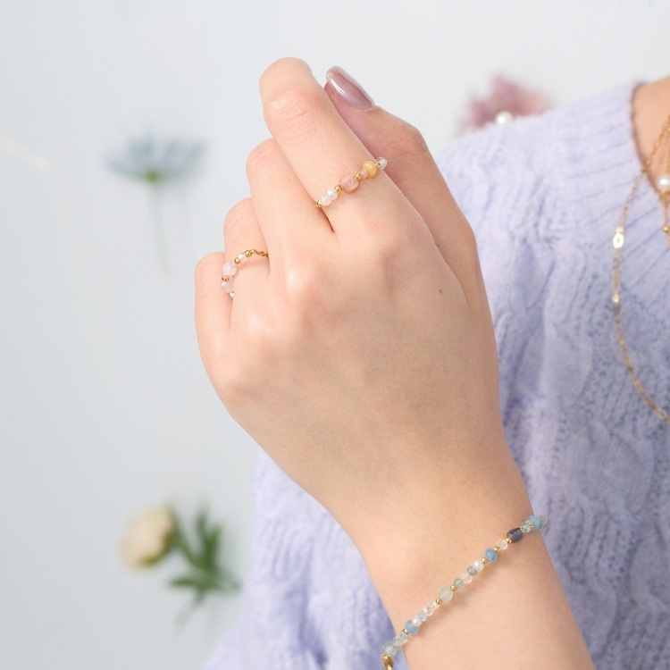 春境初綻 鏈戒 綠透輝 葡萄石 紅東陵 太陽石 剛玉 粉水晶 白水晶 黑尖晶 鈦鋼戒指