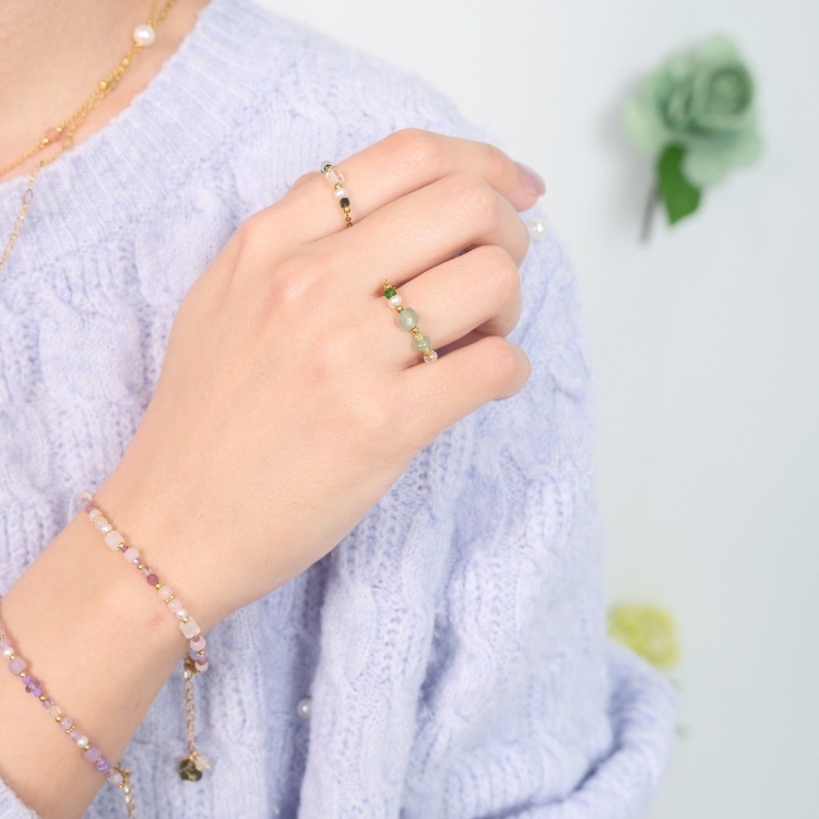 春境初綻 鏈戒 綠透輝 葡萄石 紅東陵 太陽石 剛玉 粉水晶 白水晶 黑尖晶 鈦鋼戒指