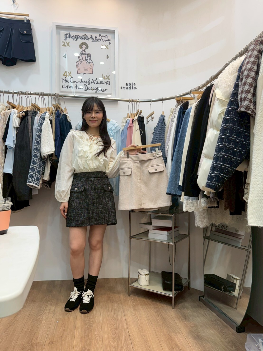 AS6039 小香風高腰A字格紋理短裙