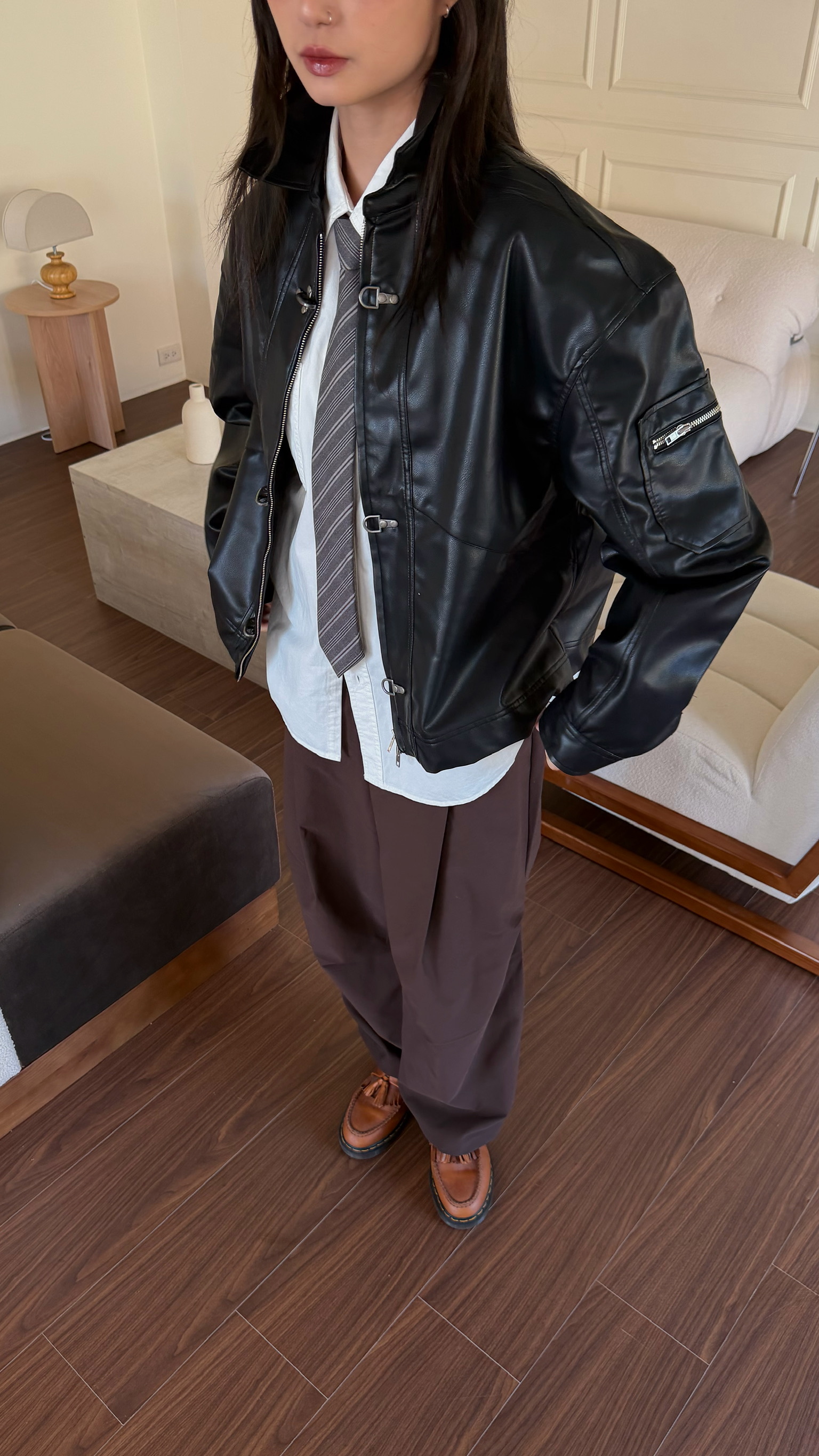 消防扣皮革夾克