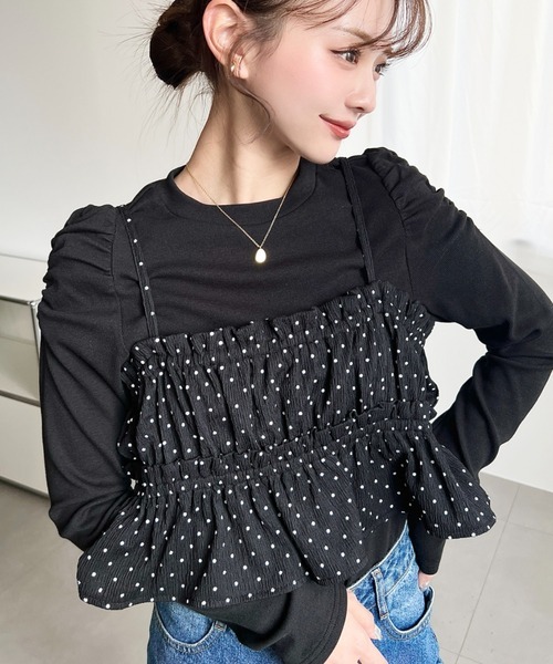 日本🇯🇵連線 Moment+ 夏日波點小吊帶+肩部皺褶打底上衣 兩件套 套裝 肩褶設計 羅紋針織 吊帶背心 多層次 長袖 4色(任買兩件711免運)/預購