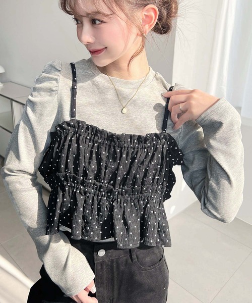 日本🇯🇵連線 Moment+ 夏日波點小吊帶+肩部皺褶打底上衣 兩件套 套裝 肩褶設計 羅紋針織 吊帶背心 多層次 長袖 4色(任買兩件711免運)/預購