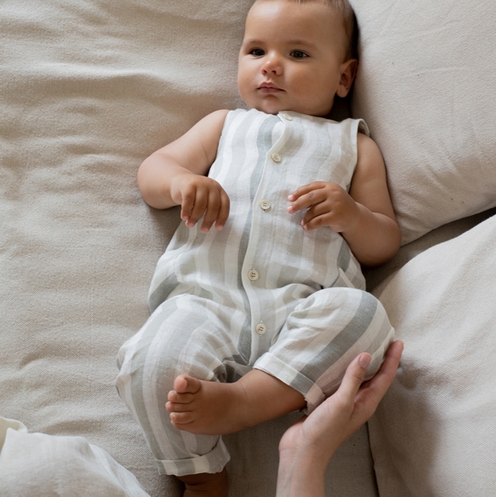 （預購）1+ in the family 粗條紋排釦連身褲 MORI - beige