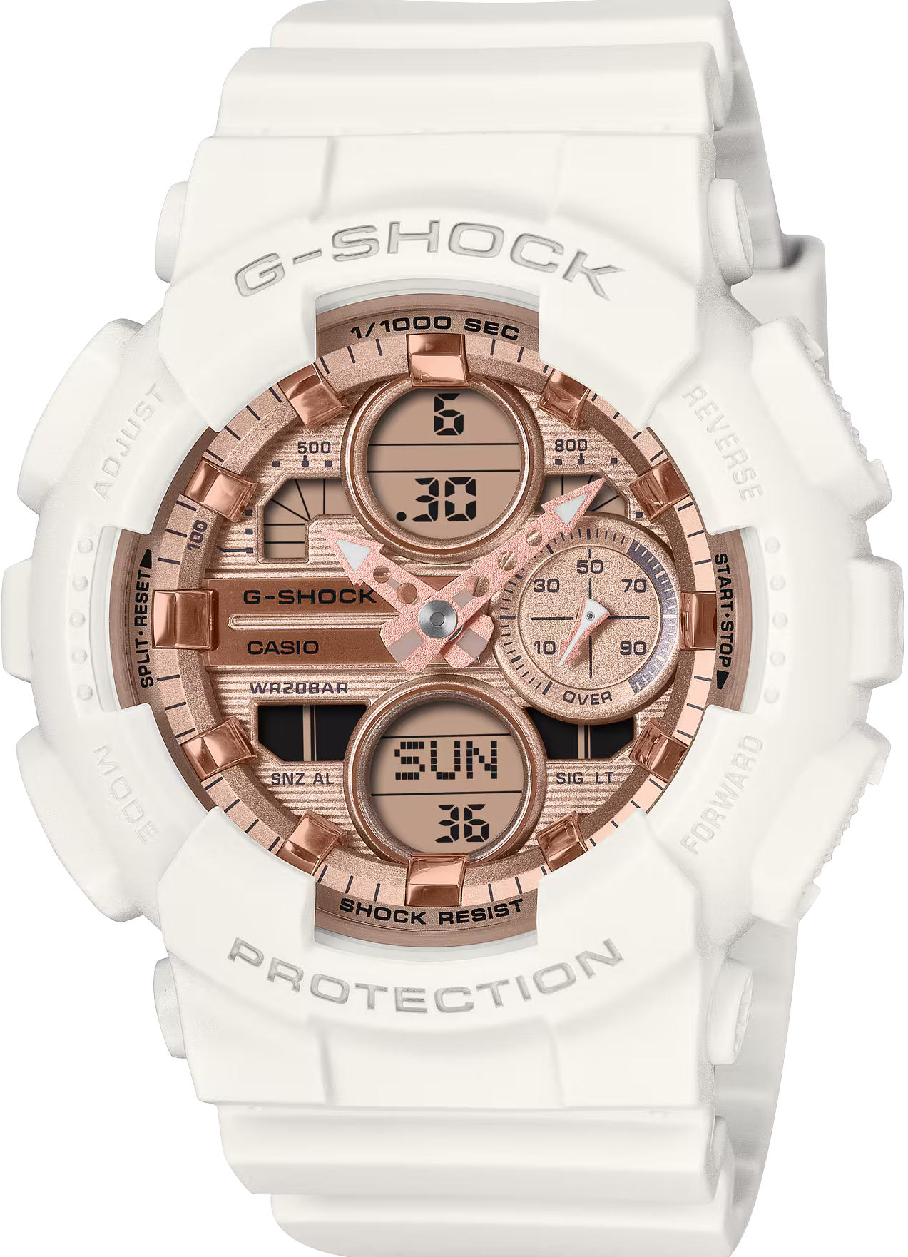 萬年鐘錶 - G-SHOCK 玫瑰金色調金屬錶盤雙顯電子錶 GMA-S140PG-7A 錶徑 : 45.9mm