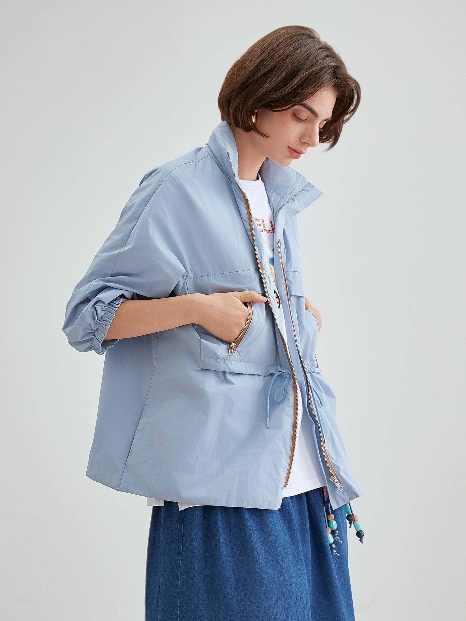 mi-tu 拼色抽繩風衣外套