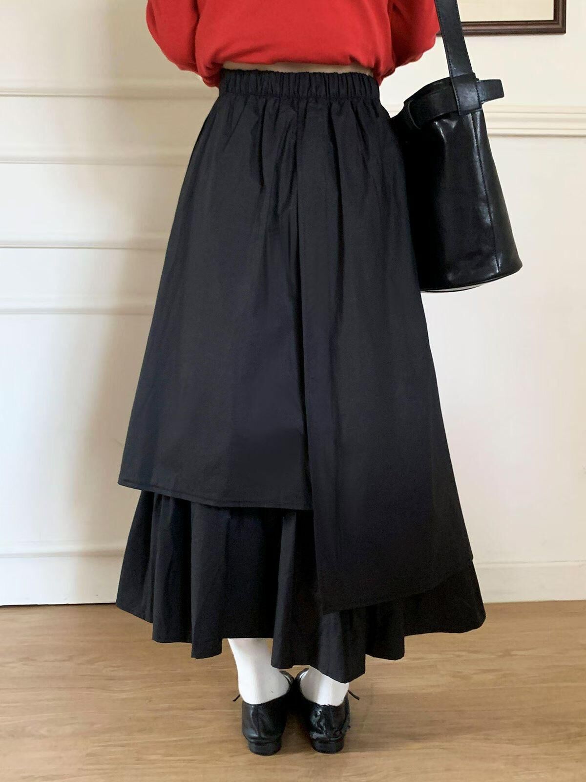 #08_不規則雙層假兩件百褶裙[長版] (象牙色/黑色)