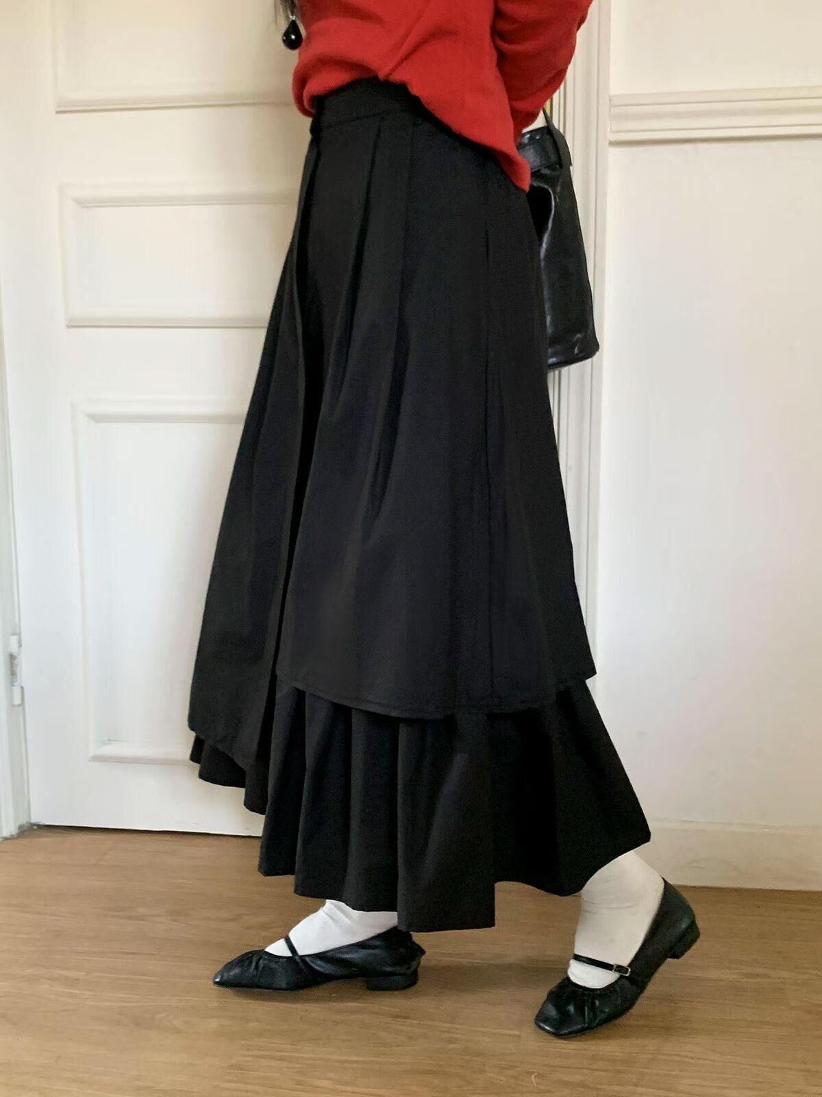 #08_不規則雙層假兩件百褶裙[長版] (象牙色/黑色)