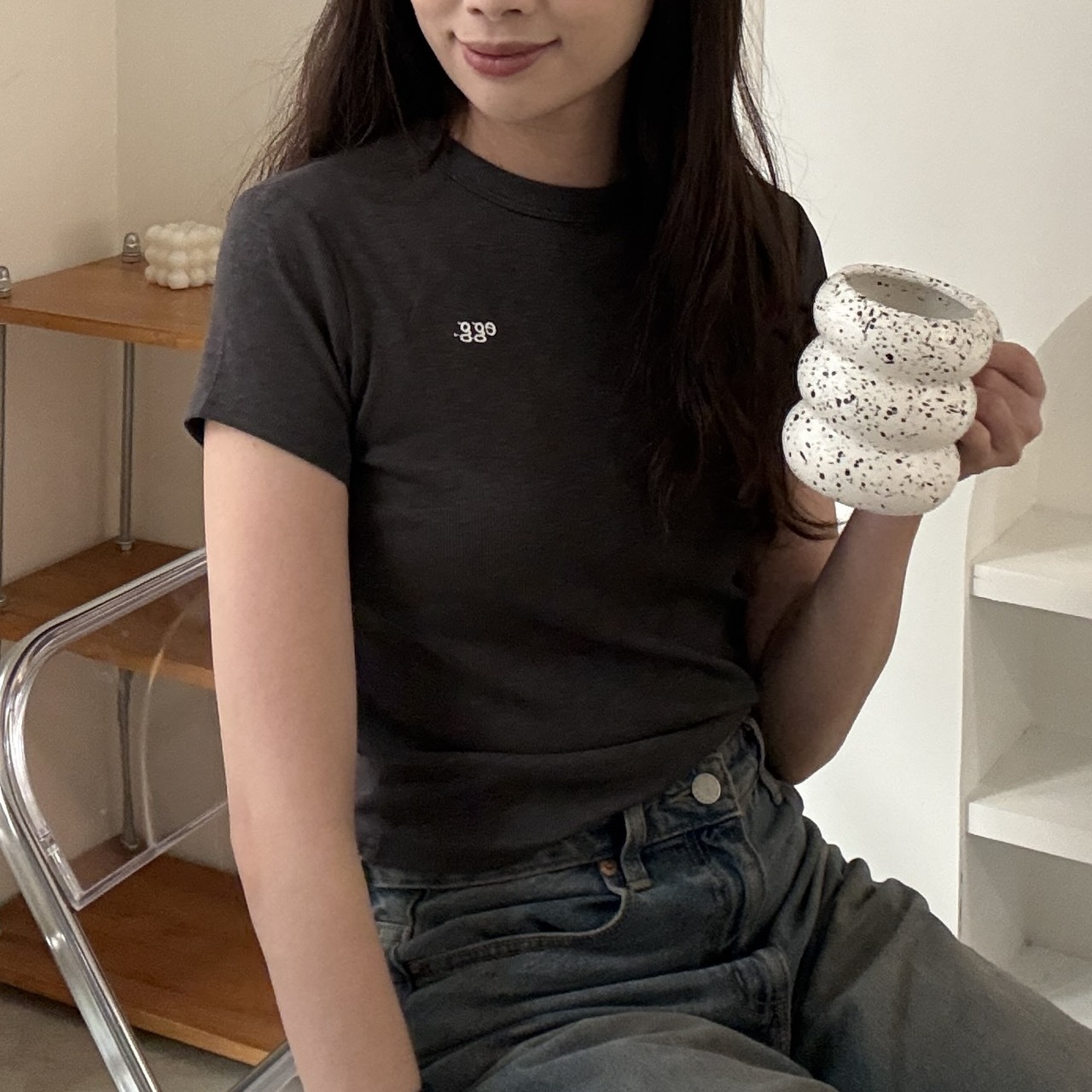 9294 egg刺繡短版針織短袖 (F)