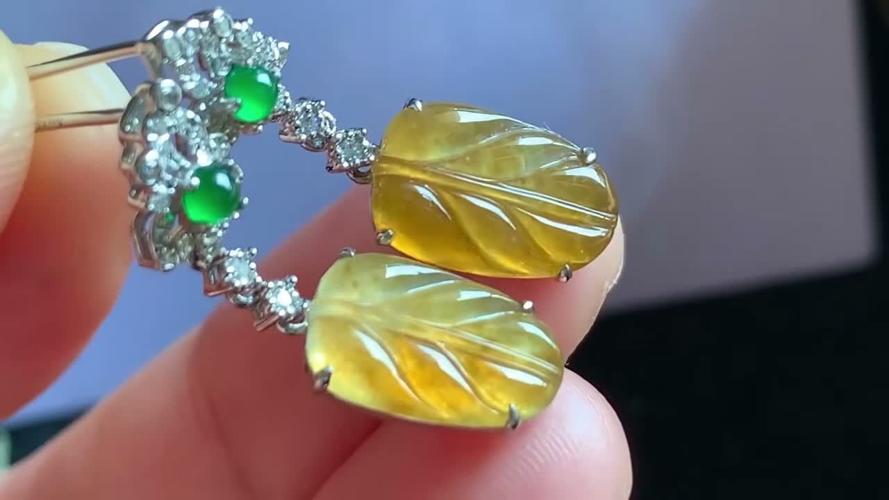 翡翠冰種黃翡葉子耳環,天然翡翠A玉, 緬甸玉, Jade, Jadeite