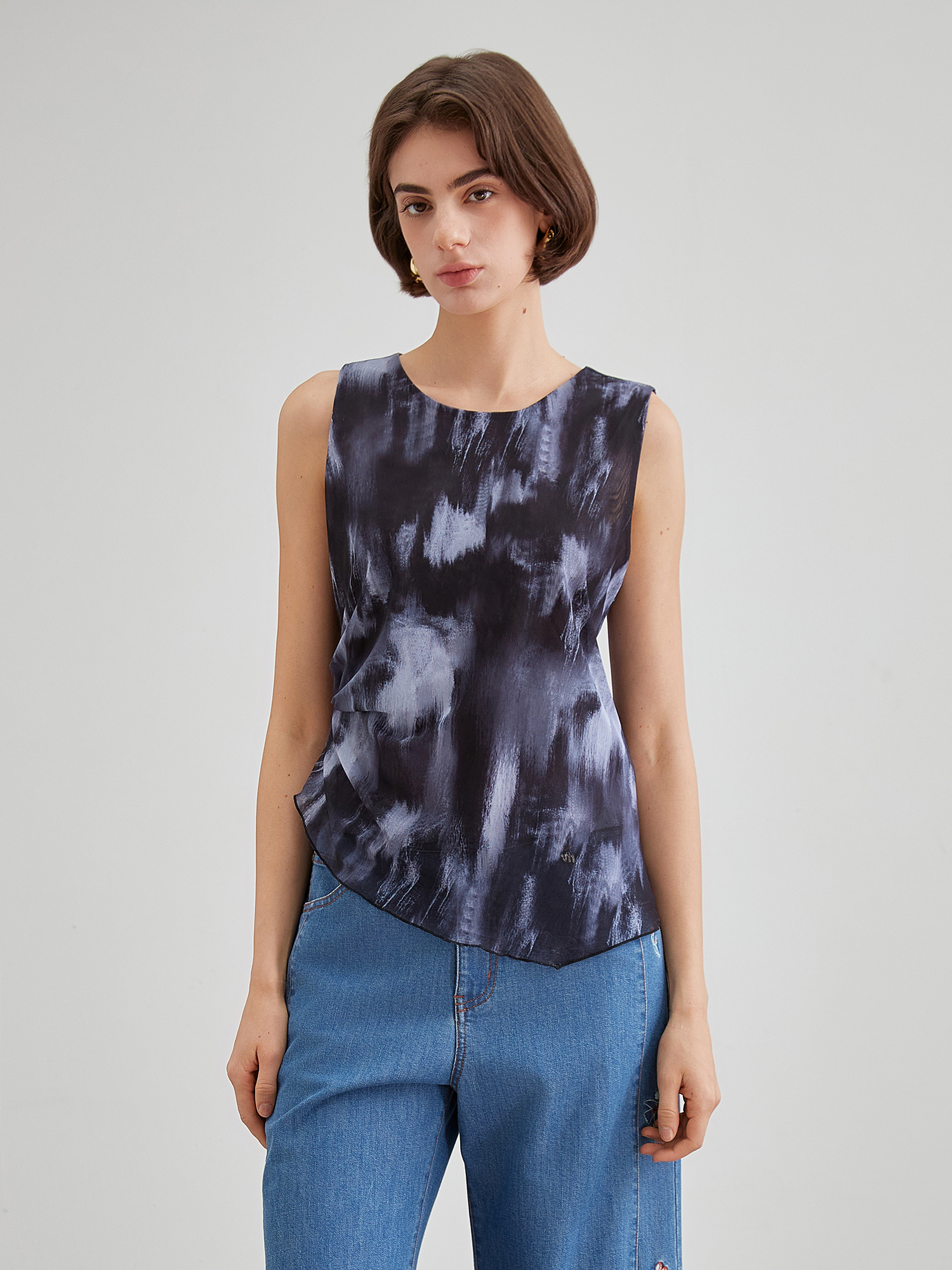 mi-tu褶皺印花網紗背心