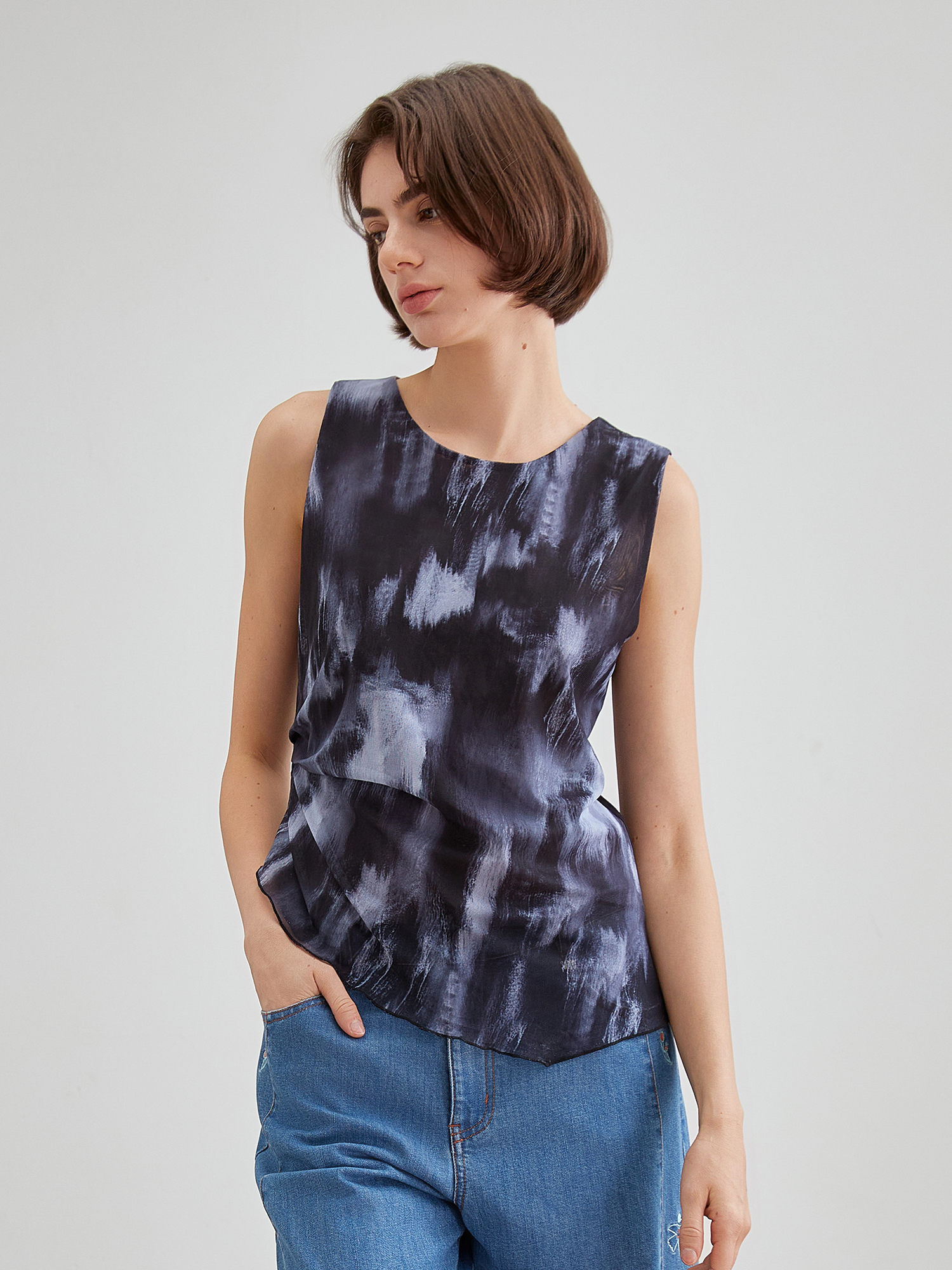 mi-tu褶皺印花網紗背心