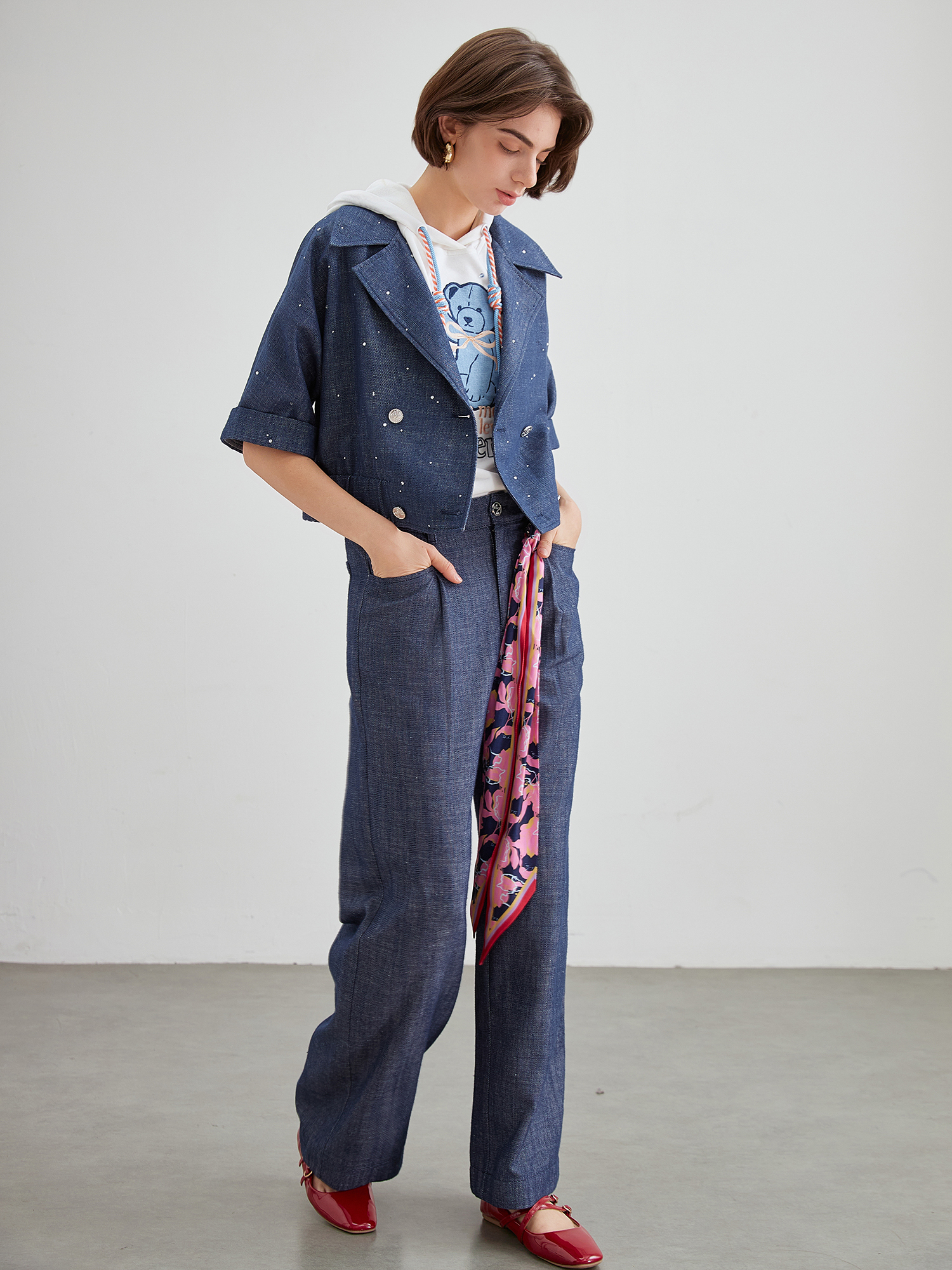 mi-tu 絲巾綁帶闊腿牛仔褲