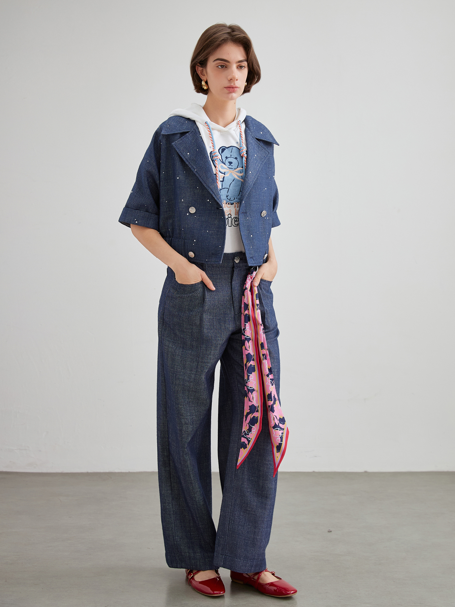 mi-tu 絲巾綁帶闊腿牛仔褲