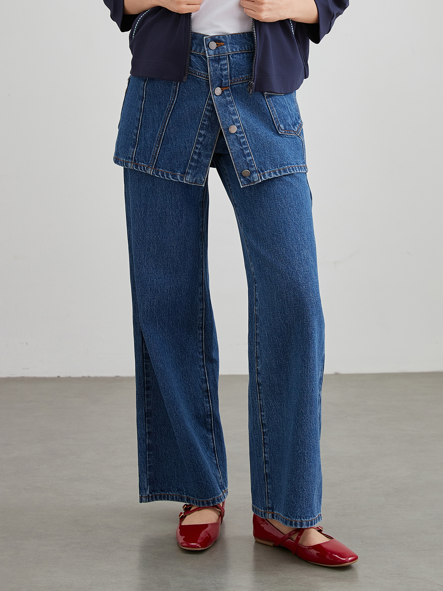 mi-tu 假兩件疊穿牛仔闊腿褲