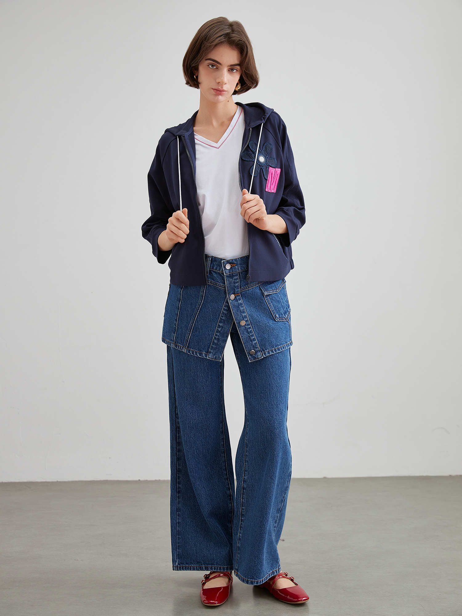 mi-tu 假兩件疊穿牛仔闊腿褲