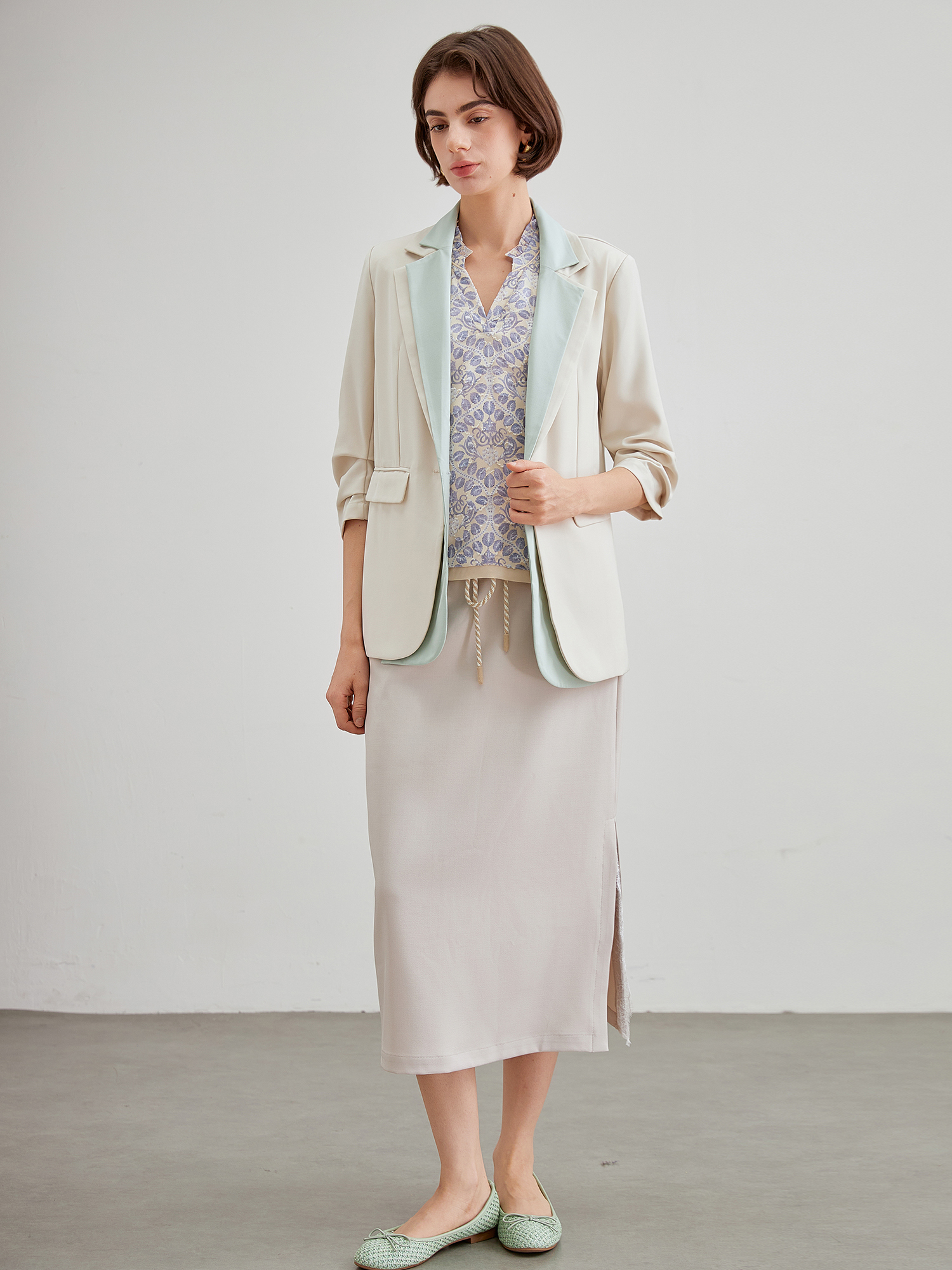 mi-tu雙層拼色V領西裝外套