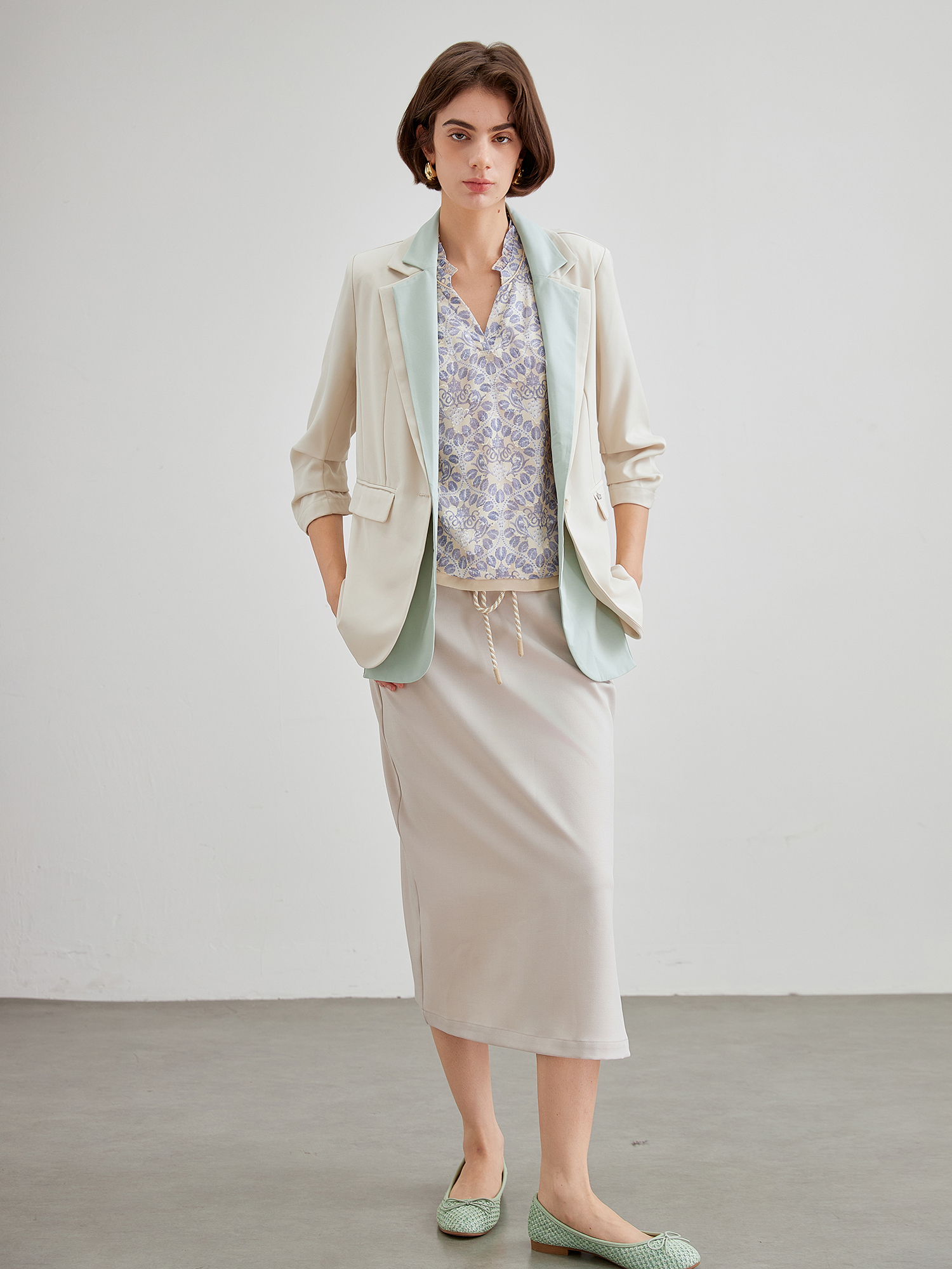 mi-tu雙層拼色V領西裝外套